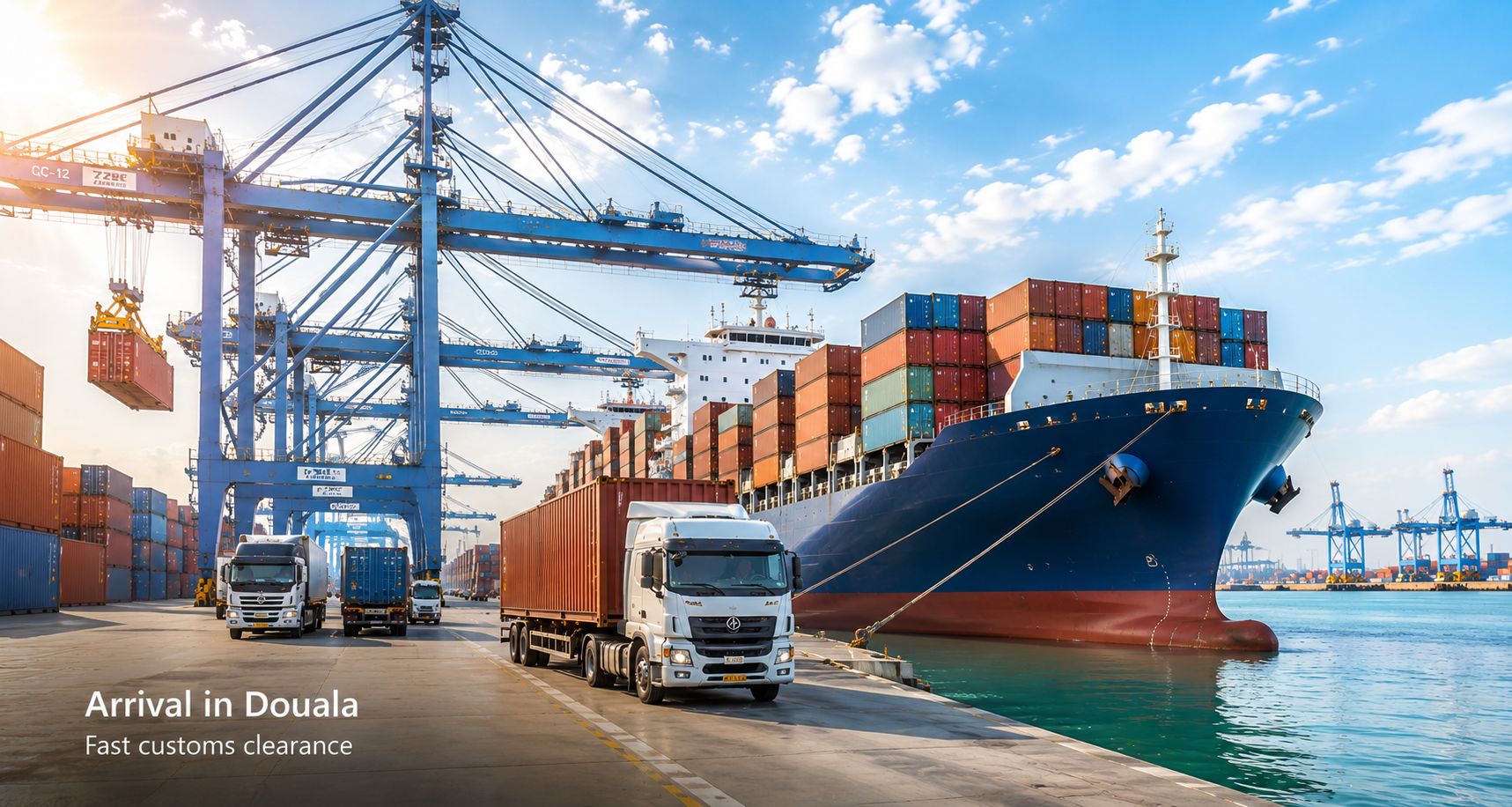 Container vessel and trucks arriving at the Port of Douala