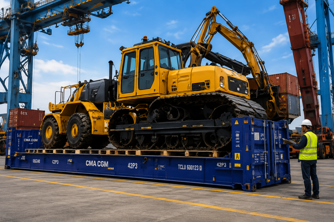 Heavy construction equipment loaded on a flat-rack container at the port