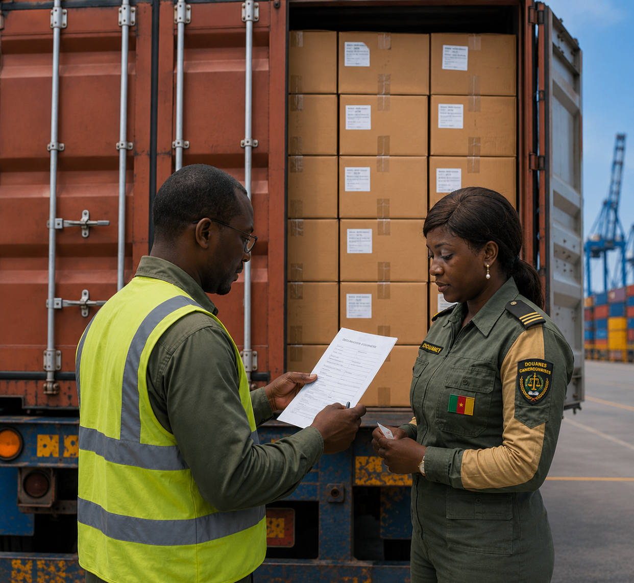 Cameroon customs officer reviewing a declaration in front of a container
