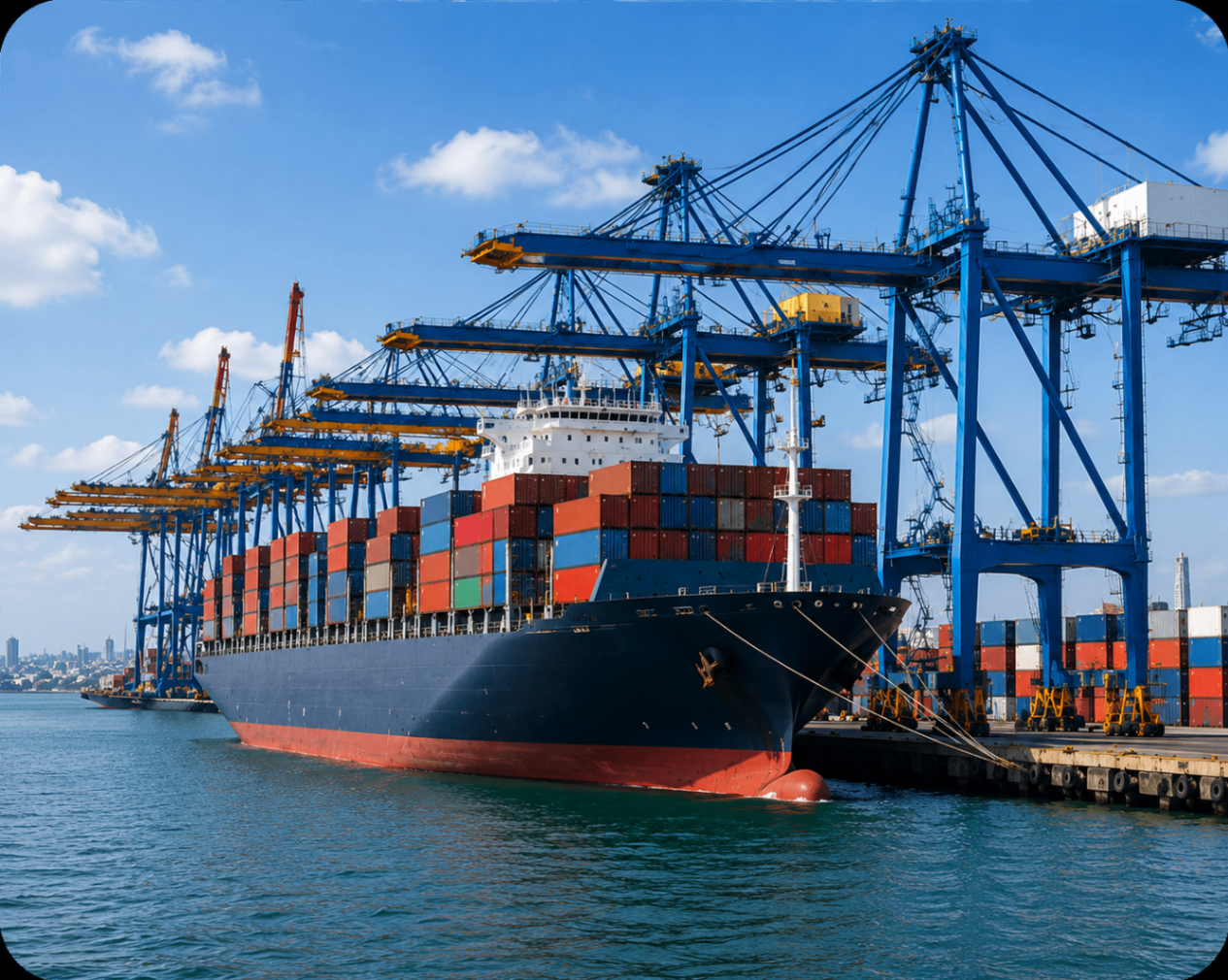 Container ship berthed at the Port of Douala under gantry cranes upon arrival in Cameroon
