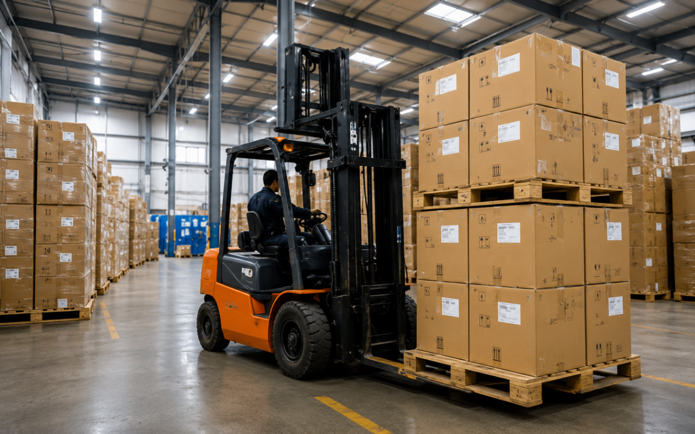Forklift consolidating labelled pallets inside GLOCARGO's China warehouse