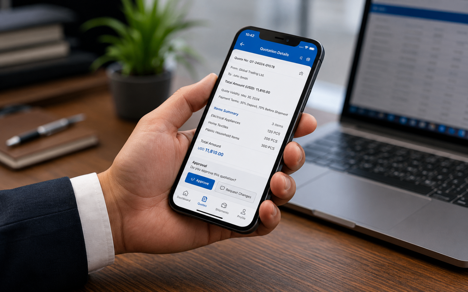 Customer reviewing and approving a GLOCARGO shipping quotation on a mobile phone