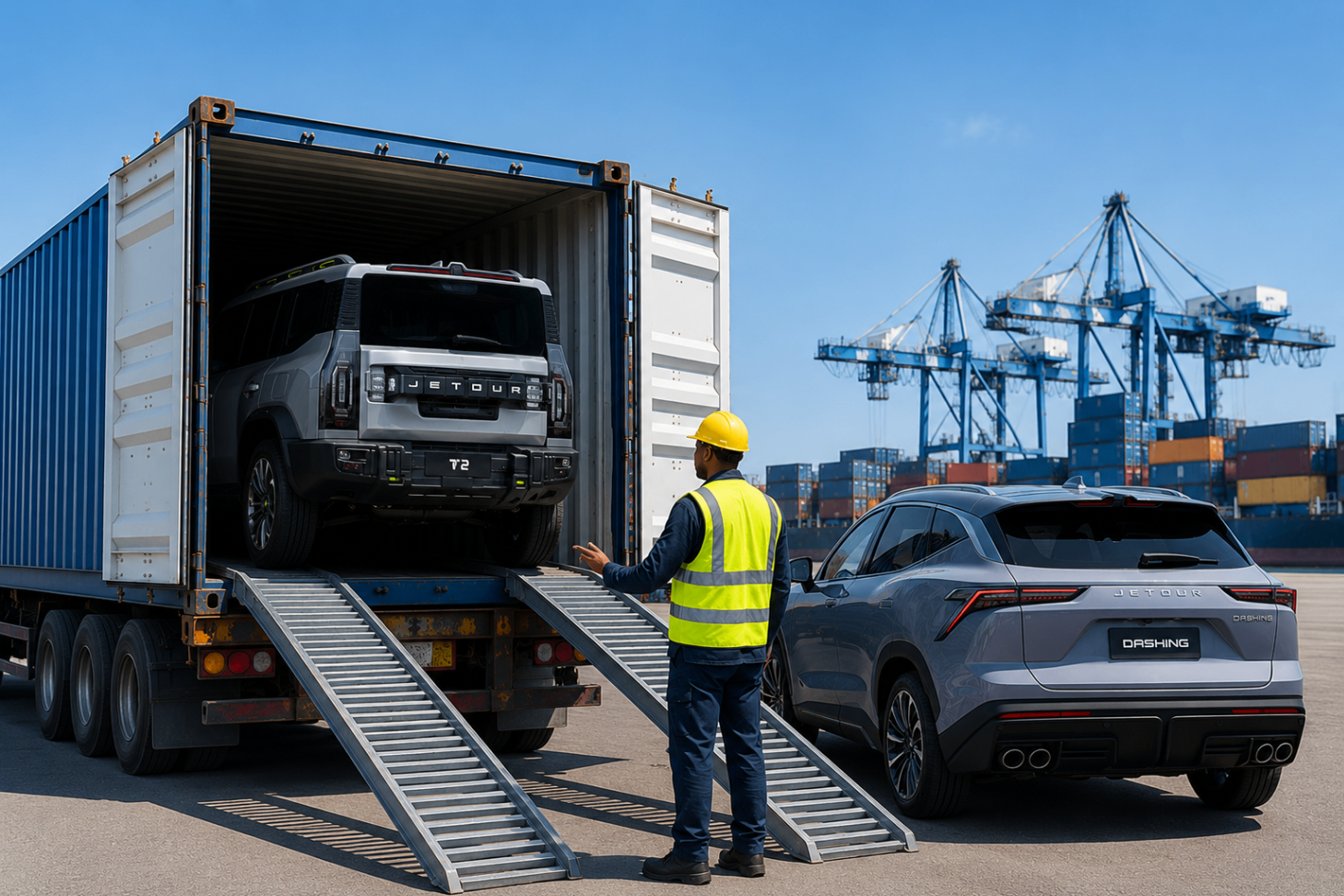 GLOCARGO port operative supervising the loading of a vehicle into a shipping container