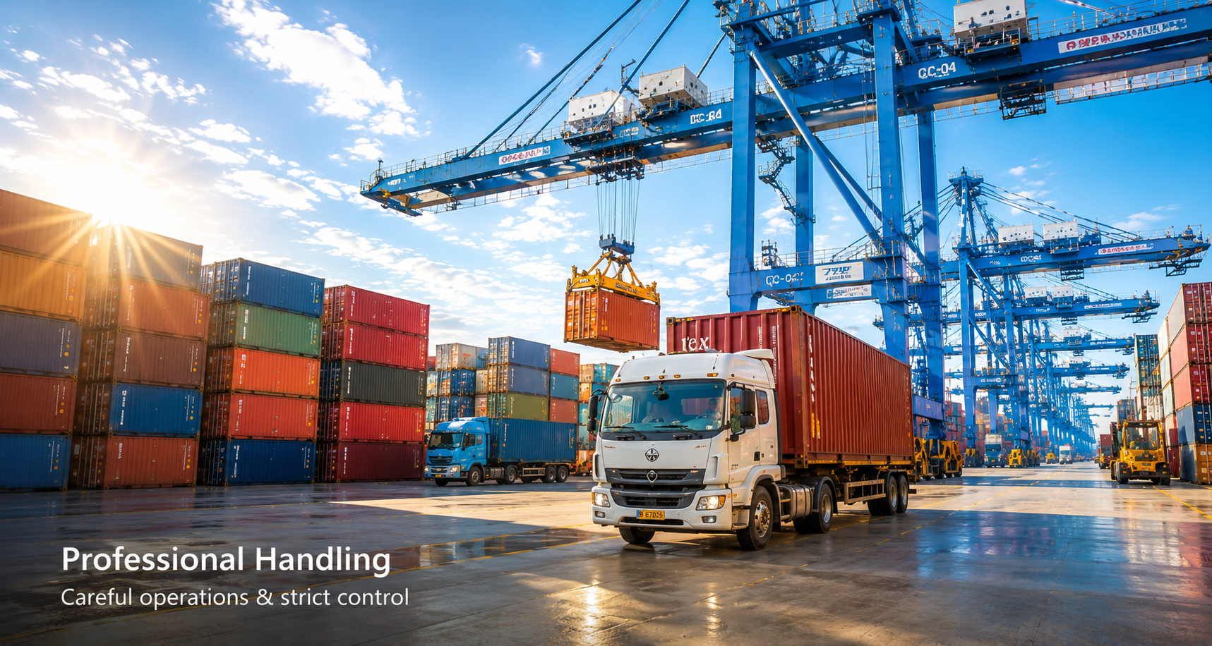 Container yard with cranes and trucks in daylight
