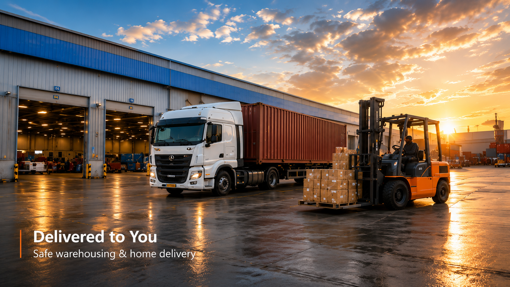 Truck and forklift at GLOCARGO warehouse at sunset