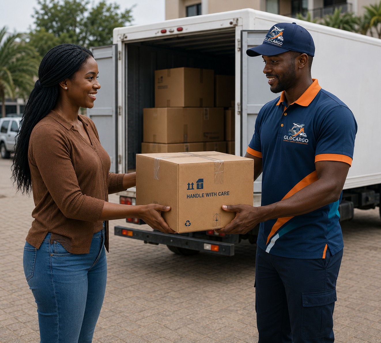 GLOCARGO delivery agent handing a parcel to a customer at their home in Cameroon