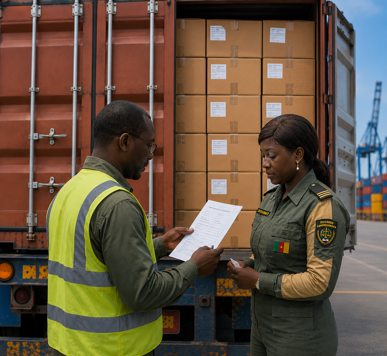 GLOCARGO customs officer reviewing clearance documents with a Cameroon customs official at the Port of Douala