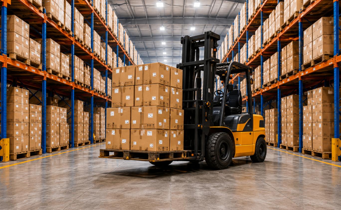 Forklift moving pallets inside a modern high-bay warehouse