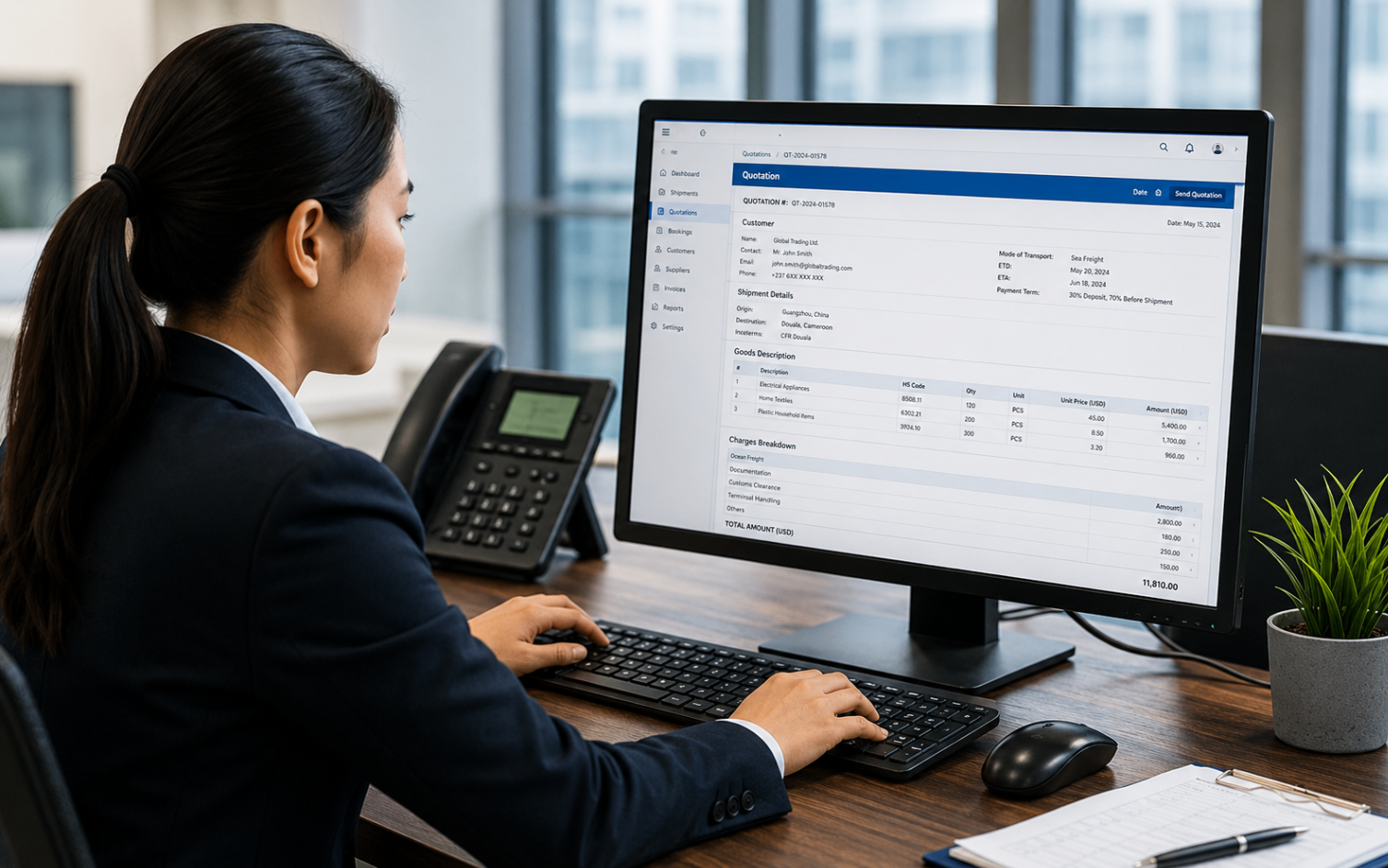 GLOCARGO operations specialist preparing a professional shipping quotation on a computer