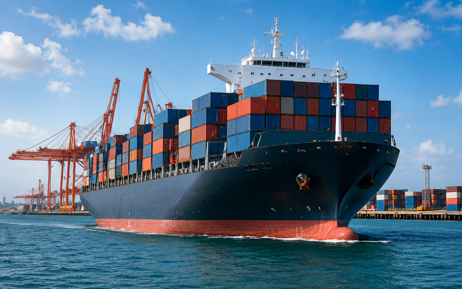 Fully loaded container vessel departing a Chinese port bound for Cameroon