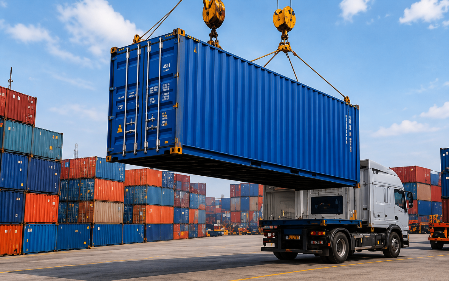 Blue shipping container being loaded onto a truck at the port