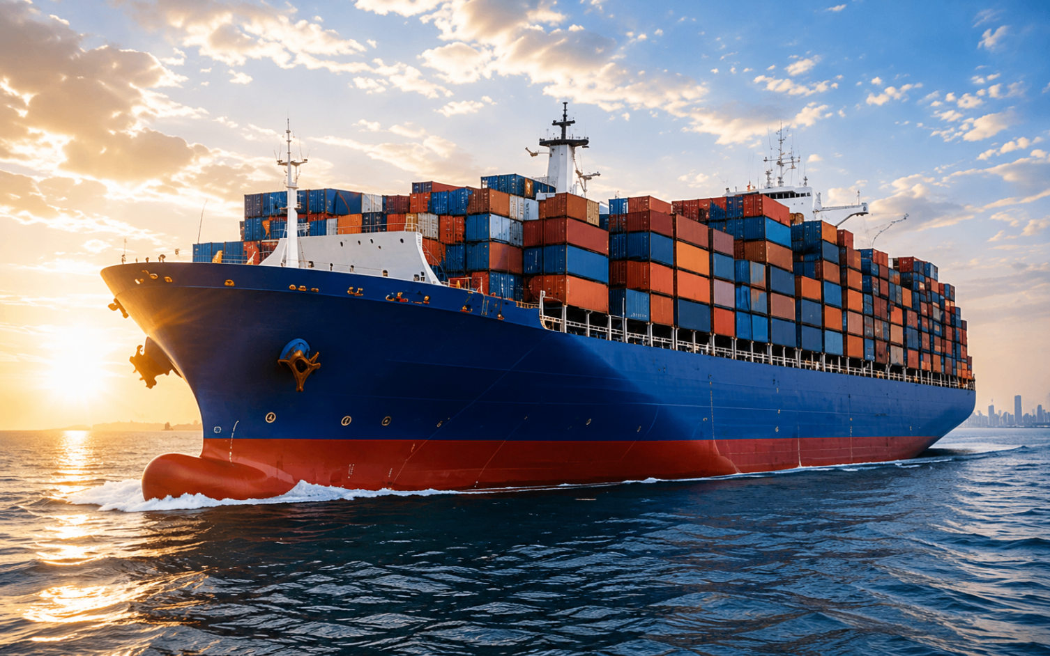 Container ship at sea heading to the Port of Douala