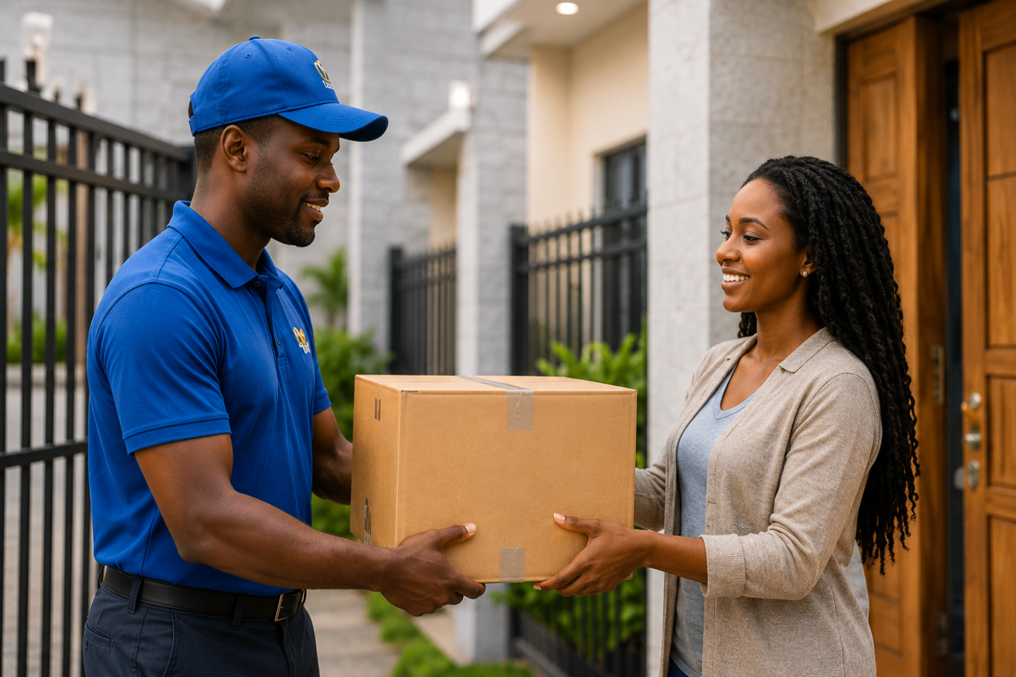 GLOCARGO delivery agent handing a parcel to a customer at her door