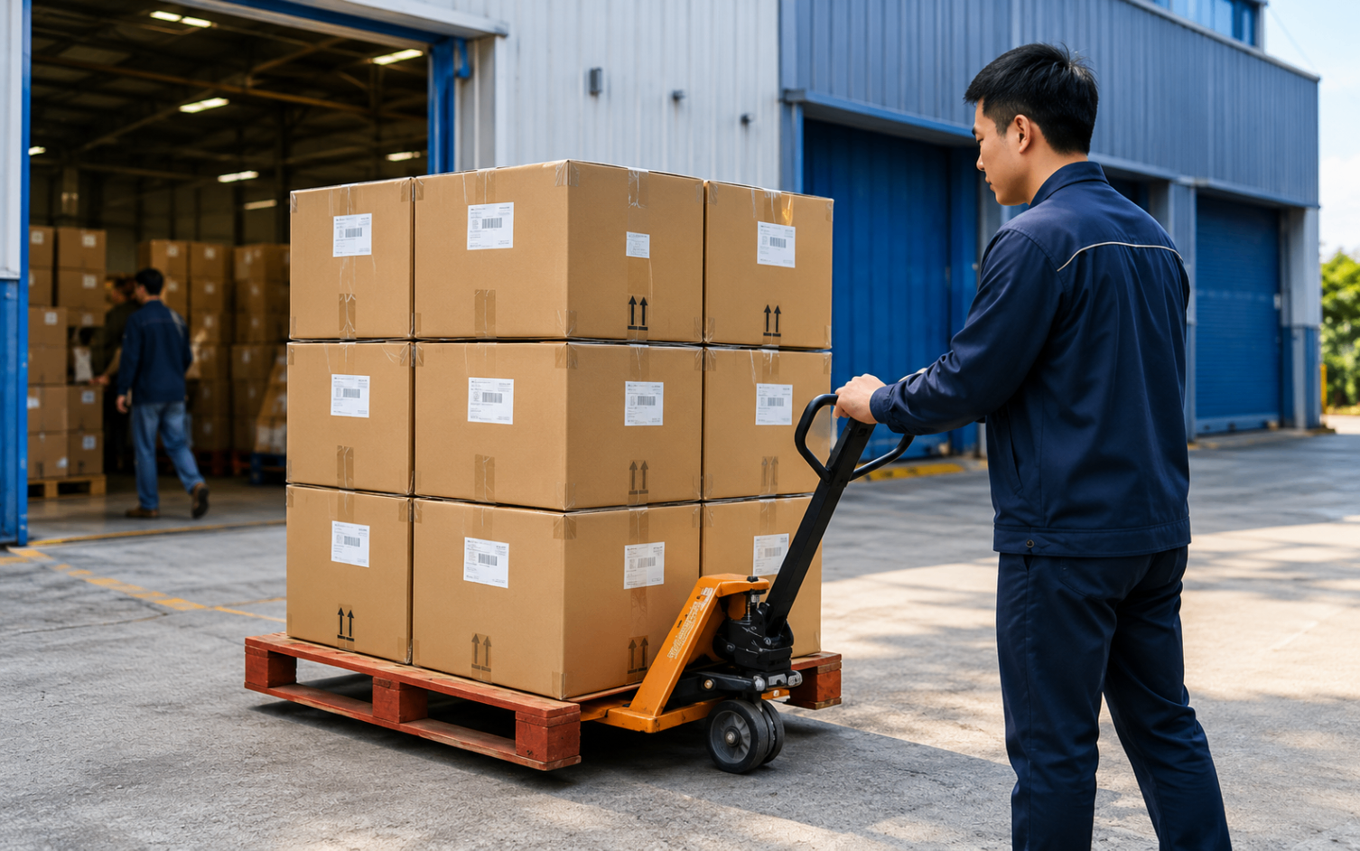 GLOCARGO warehouse team receiving pallet of cardboard boxes delivered by a supplier in China