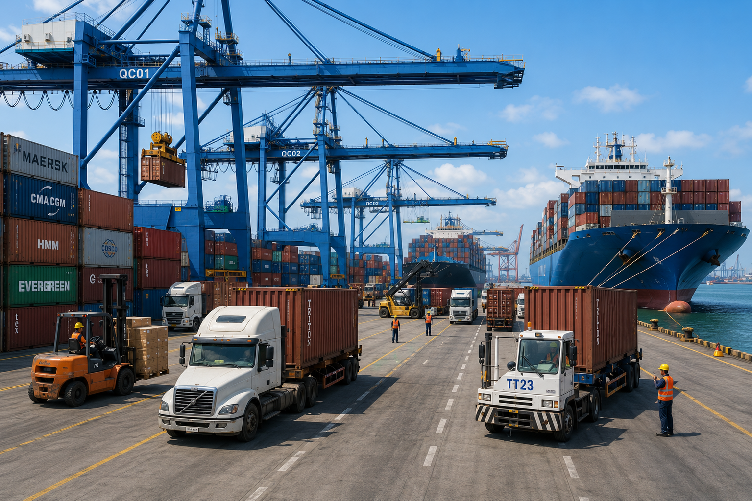 Container terminal with gantry cranes, trucks and vessels loading GLOCARGO cargo at port