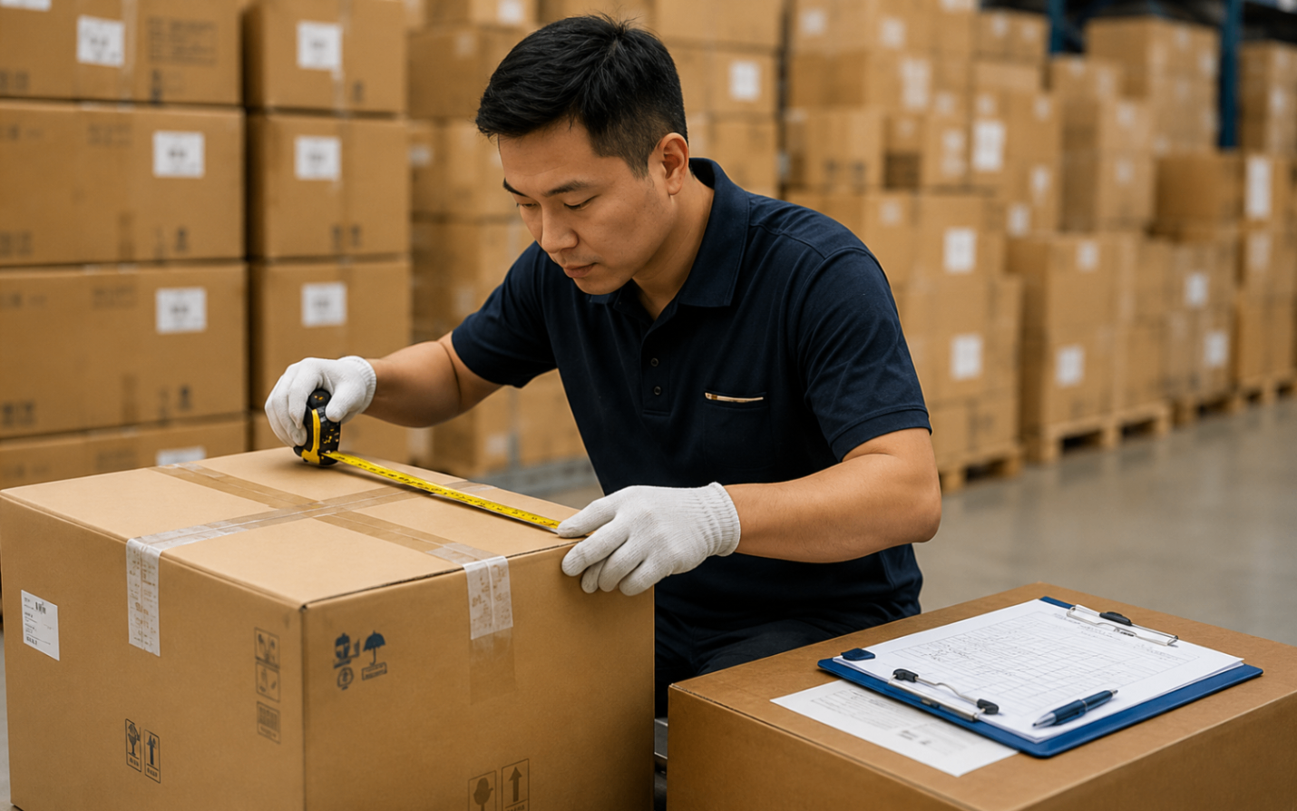 GLOCARGO warehouse inspector measuring a cardboard box with a tape measure and checklist