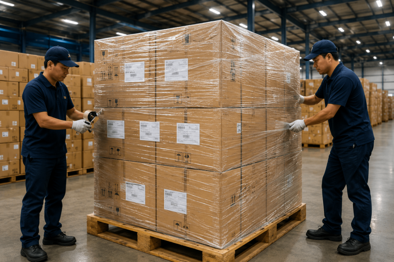 GLOCARGO warehouse staff shrink-wrapping and labelling a large pallet of boxes