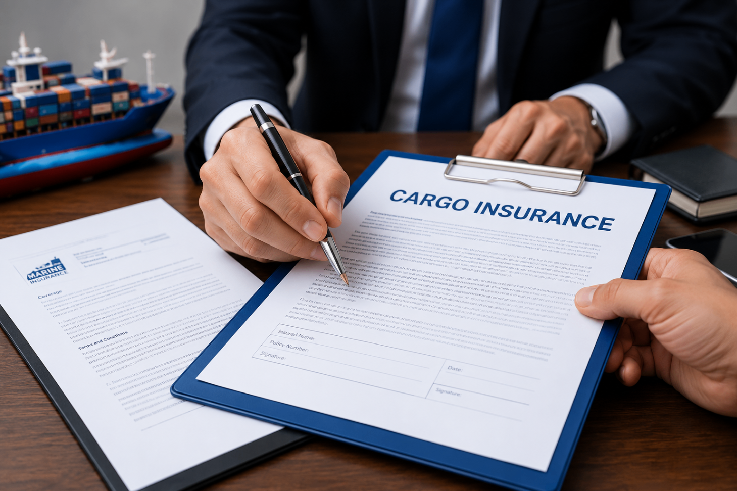 Cargo insurance policy being signed by an executive