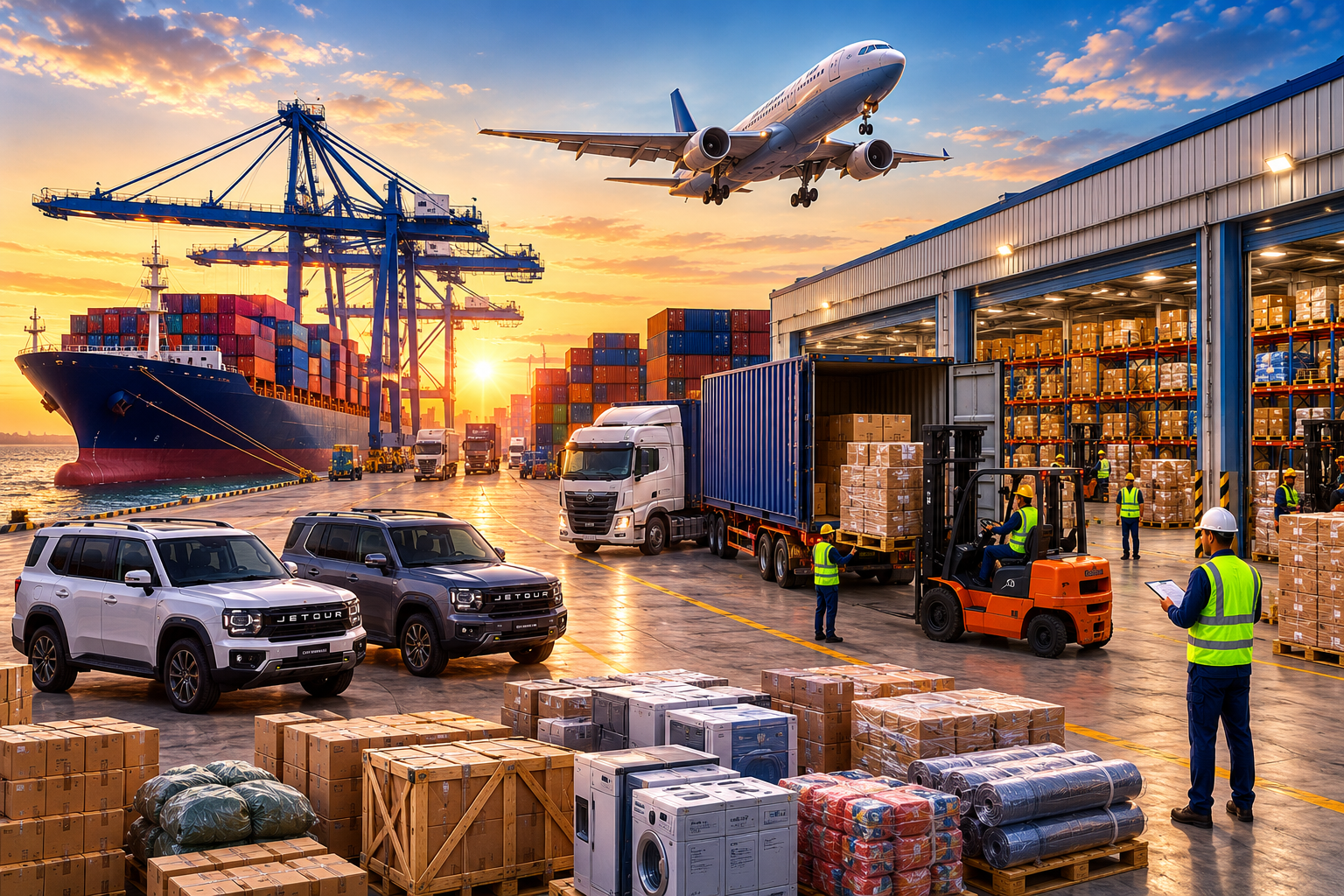 GLOCARGO integrated logistics ecosystem — container vessel, trucks, warehouse and air freight operating together