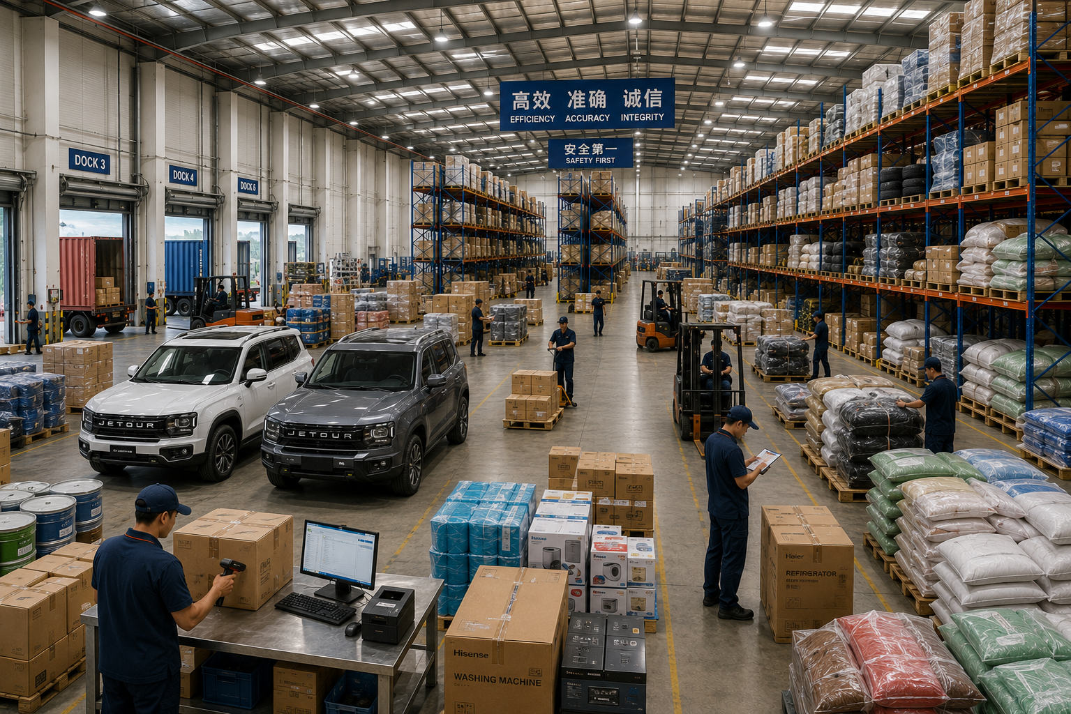 GLOCARGO warehouse in China with organized racking, forklifts and staff processing cargo