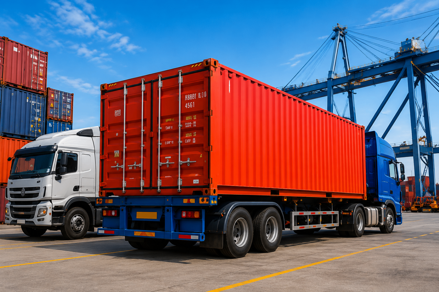 Truck hauling a red 40ft shipping container at the container yard
