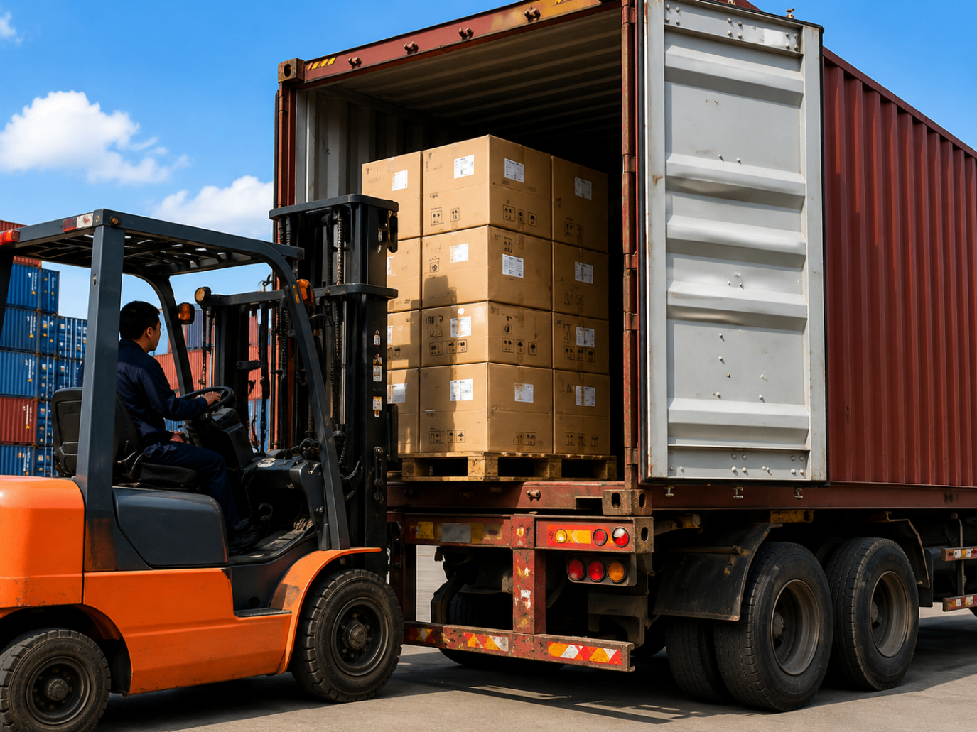 Forklift loading a pallet of boxes into a container truck at GLOCARGO's China warehouse