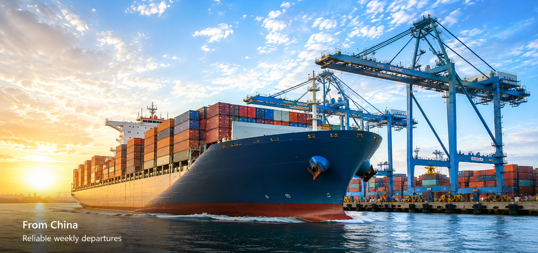 Container ship loading at a Chinese port at sunrise
