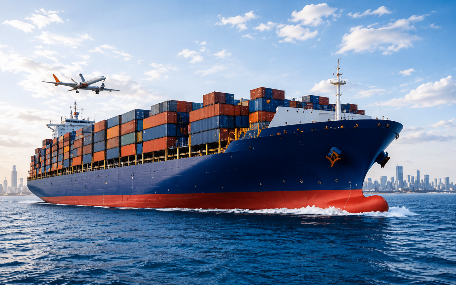 Large container vessel underway with a cargo aircraft overhead